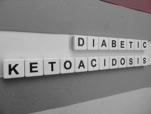 Scrabble-style letter tiles spelling out 'Diabetic Ketoacidosis' on a color-blocked background, highlighting the medical condition diabetic ketoacidosis.