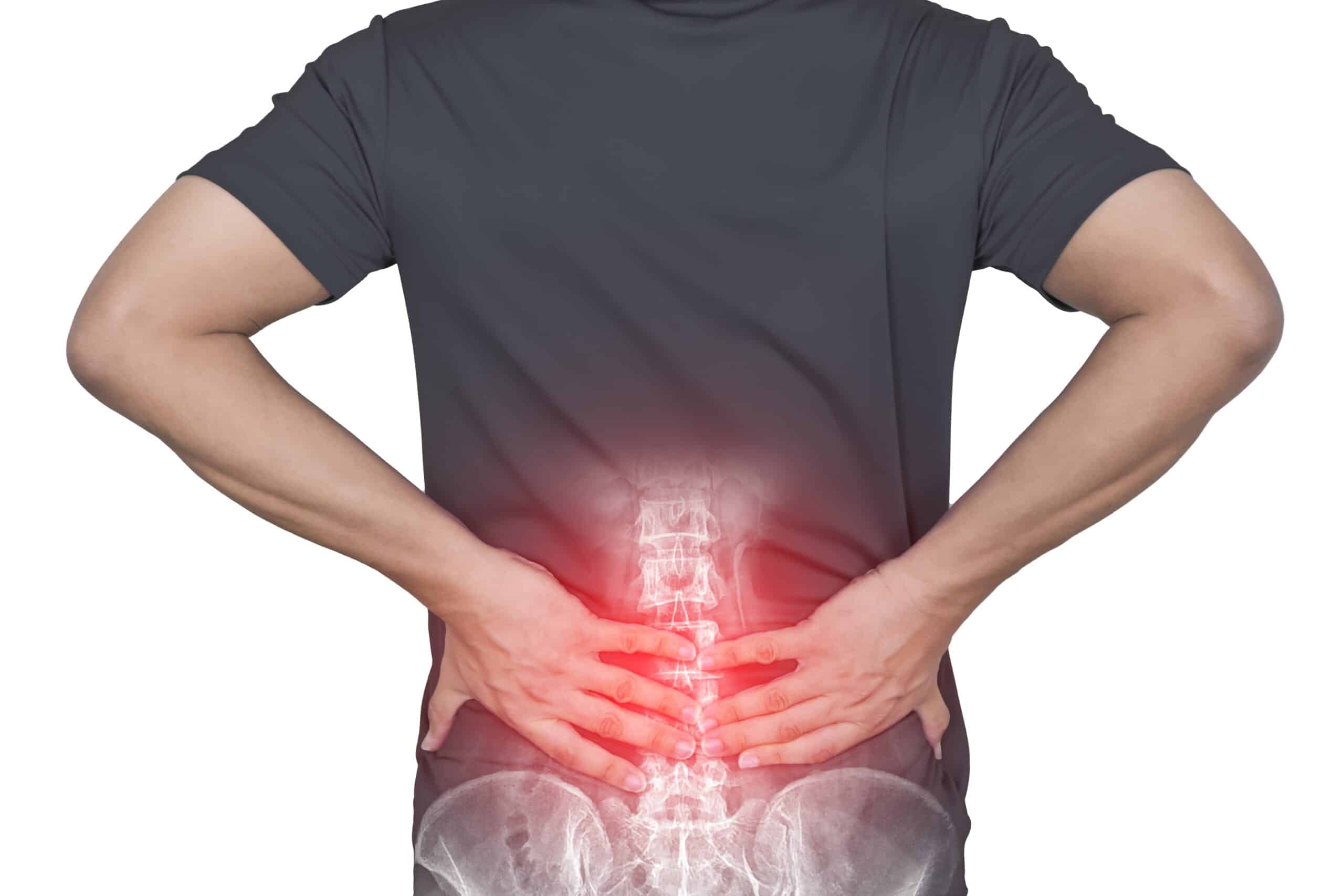 A person holding their lower back in pain, with an overlay of a spinal X-ray and red highlight indicating discomfort or injury in the lumbar region.